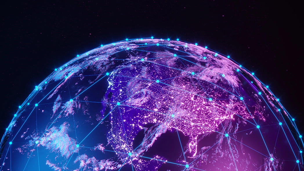 Digital vernetzte Weltkugel mit globalen Datenverbindungen als Symbol für Digitalisierung, Technologie und internationale Vernetzung.