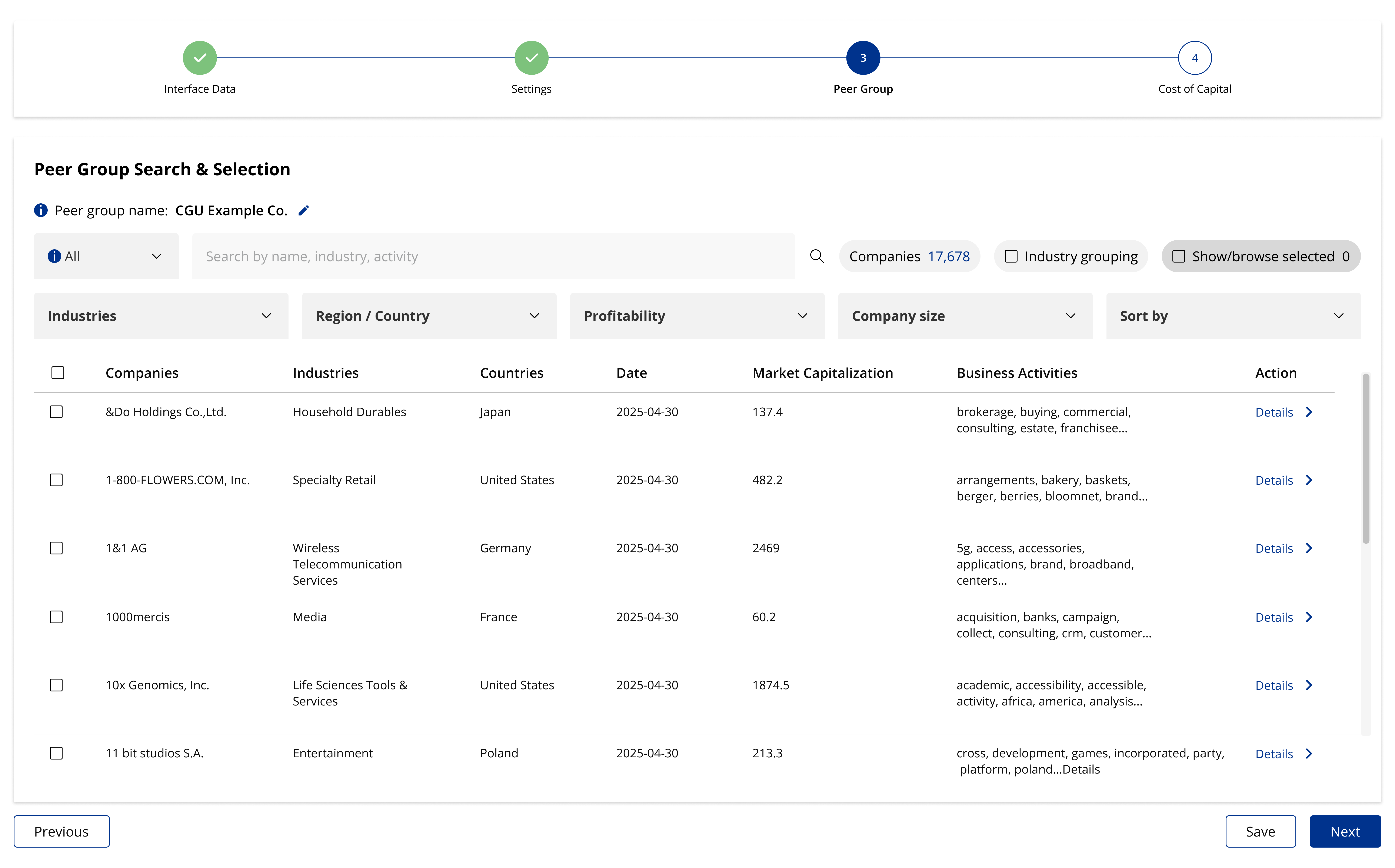 Display of the peer group search