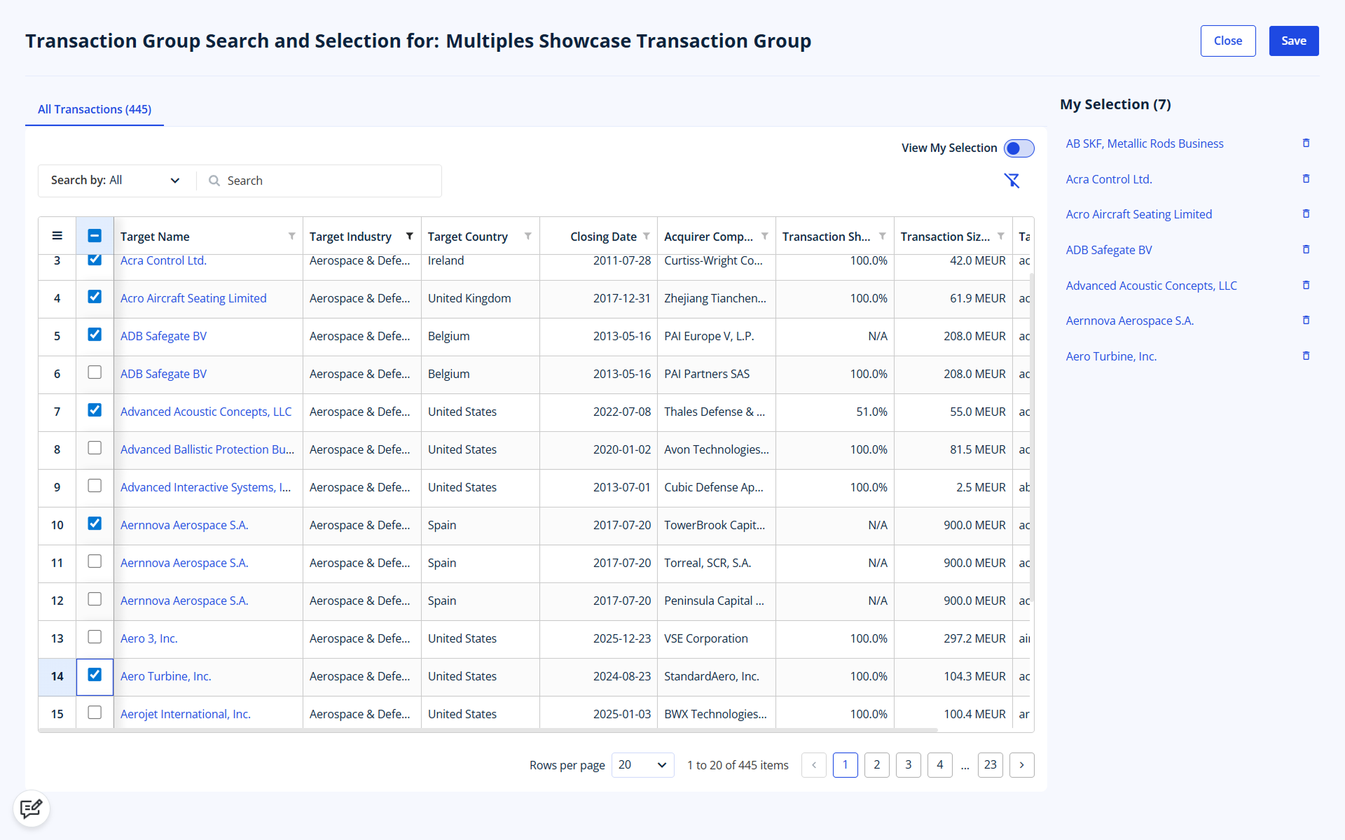 Darstellung der Transaction Group Suche